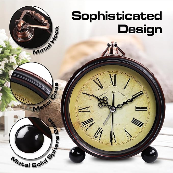 Vintage Analog Alarm Clock, 5.25 inch Small Silent Desk Clock with Night Light, Battery Operated for Table, Bedroom, Bedside, Living Room, Gift Clock (Classic2046)