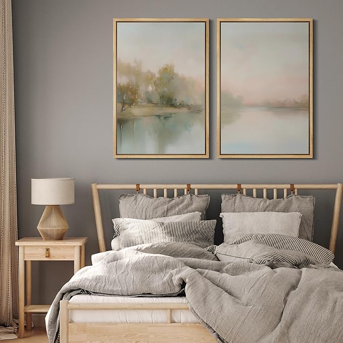 MUDECOR Framed Canvas Print Wall Art Tranquil Reflection Serene River Landscape Illustrations Modern Art Decorative Bohemian Chic for Living Room, Bedroom, Office - 16"x24"x2 Natural