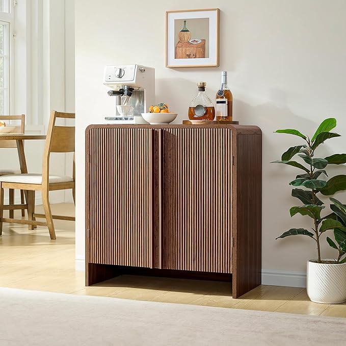 AMERLIFE 2-Piece Fluted Buffet Cabinet with Storage, Modern Sideboard Cabinet with Doors & Adjustable Shelf, Console Table & Credenza for Living Room, Kitchen & Entryway, Brown