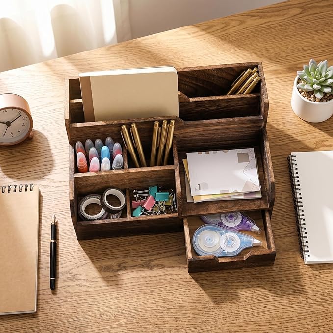 Pumtus Brown Wooden Desk Organizer, Mail Organizer with 7 Compartments and Drawer, Rustic Mail Sorter with Pen Holder, Tabletop Mail Basket, Office Accessories Holder for File Letter Document