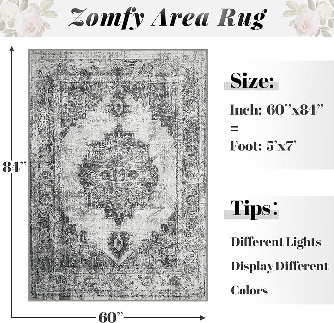 Area Rug 5x7 Vintage Rugs: Washable Indoor Medallion Rug Low Pile Distressed Floor Carpet Retro Accent Rugs for Living Room Bedroom Kitchen Dining Table Home Office(Black, 5'x7')