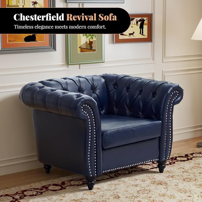 LEVNARY Chesterfield Armchair, Tufted Leather Accent Chair, Mid-Century Modern Single Chair with Rolled Arms and Nailhead Trim, PU Leather Reading Chair for Living Room (Blue)