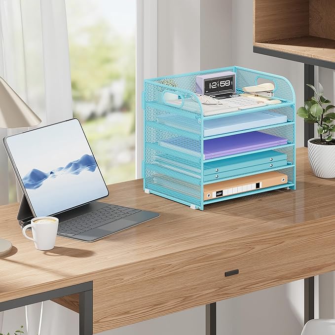 5 Tier Paper Organizer with Handle, Blue Metal Mesh Desk Organizer File Folder Paper Letter Tray Desktop Document Sorter for Classroom, School, Office Accessories Organization and Storage