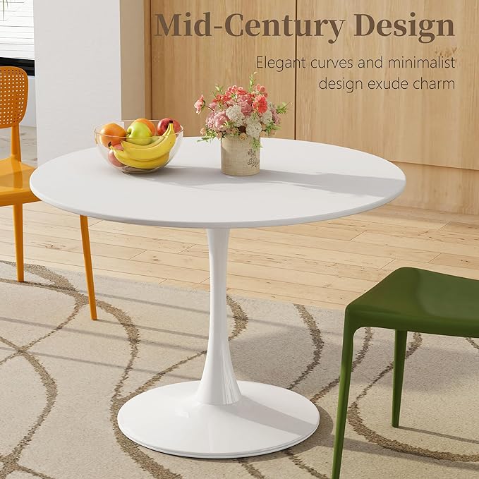 42 Inch Round Dining Table,Mid-Century Tulip Table with Metal Pedestal Base,Modern Leisure Table for Small Space Kitchen Dining Room,Easy Assembly,White