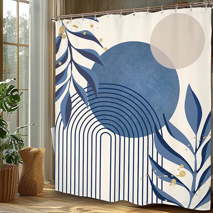 Miyotaa Abstract Minimalist Blue Shower Curtain Set 60Wx71H Inches Aesthetic Modern Geometric Neutral Contemporary Plant Leaves Polyester Waterproof Cloth Bathroom Curtain with 12 Hooks