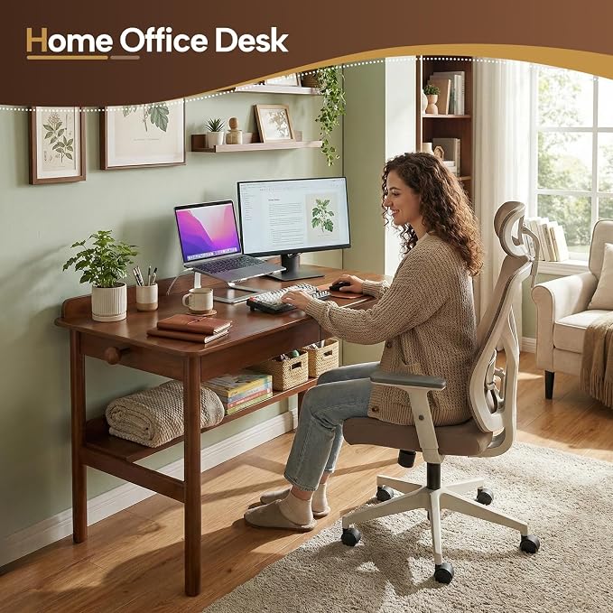 Solid Wood Study Desk & Home Office Writing Table with Drawers, 40" Vintage Mid Century Modern Computer Desk, Home Office Workstation for Bedroom, Small Spaces, Apartment(Walnut,39.4 Inch Wide)