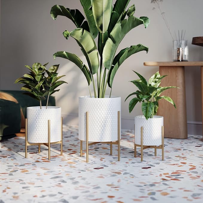EverNest Claire Mid-Century Modern White Planter and Stand, Indoor Plant Pot, SelectBase, Minimalist Aesthetic, Home Decor for Plants - (Gold Base, Large)