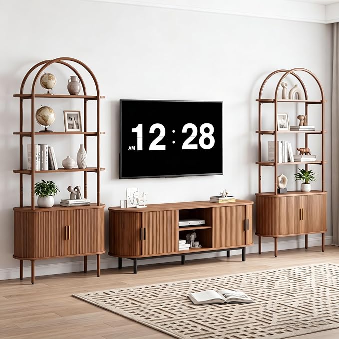 71" Tall Fluted Arched Bookshelf with Sliding Tambour Doors, Mid Century Modern Metal Curved Bookshelf Cabinet with Storage, 4-Tier Open Display Storage Shelf for Home Office, Living Room (Walnut)