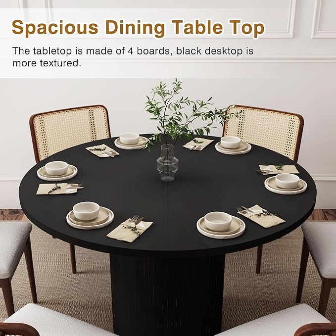 QHITTY Fluted Round Dining Table, 47-inch Wood Kitchen Table for 4, Farmhouse Circle Tabl with Strip Base for Kitchen, Living Room, Black