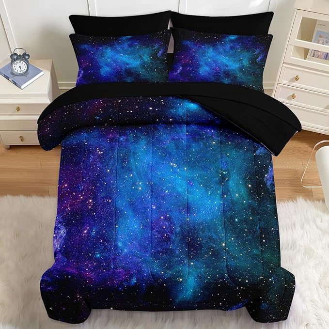 Nesker Comforter Set Twin Size, Galaxy Star Purple Retro 5 Pcs Bedding for Kids and Adults, Science Space Night Sky Bed Sheet Sets with Fitted Sheet Pillowcase & Sham