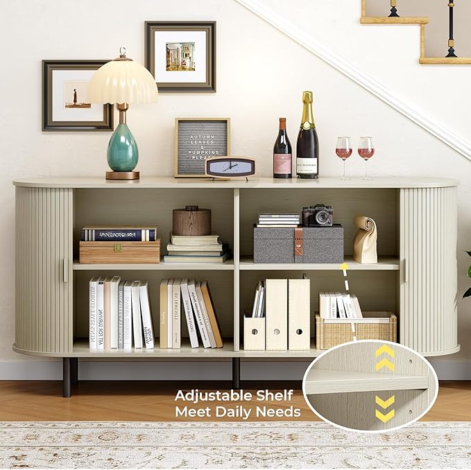 Buffet Cabinet with Storage, Fluted Sideboard Buffet with Sliding Door, Coffee Bar Cabinet with Adjustable Shelf, Console Table, Accent Table for Entryway, Kitchen (Natural White, 63 Inch)