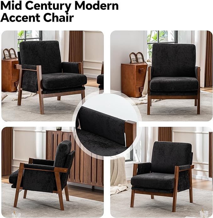 Mid Century Modern Accent Chair with Wood Frame, Upholstered Living Room Chairs with Wide Armrest, Chenille Fabric Comfy Arm Chair for Bedroom, Reading Room, Balcony (2, Black)