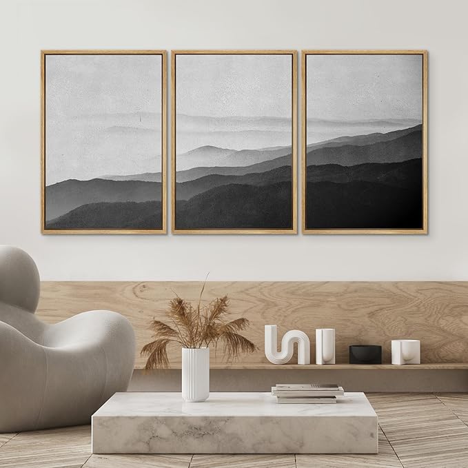 SIGNWIN Framed Canvas Print Wall Art Side of Mountain in Mist Nature Rocky Illustrations Minimalism Contemporary Black and White for Living Room, Bedroom, Office - 16"x24"x3 Natural