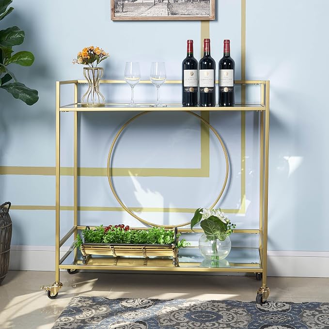 RiteSune Gold Bar Cart, Modern Wine Cart with Wheels, Home Bar Serving Carts with 2 Tier Mirrored Shelves, Wine Bar Carts for The Home, Dining Room, Kitchen