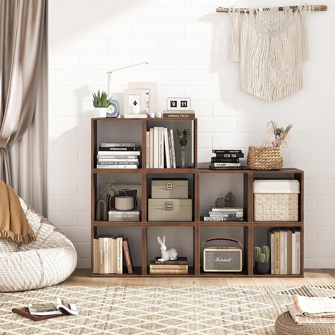 Giantex 2 Cube Bookshelf Organizer, 2-Tier Stackable Cube Storage Organizer, Small Wooden Open Book Shelf with Anti-toppling Device, Wood Floor Standing Display Shelving Bookcase (1, Rustic Brown)