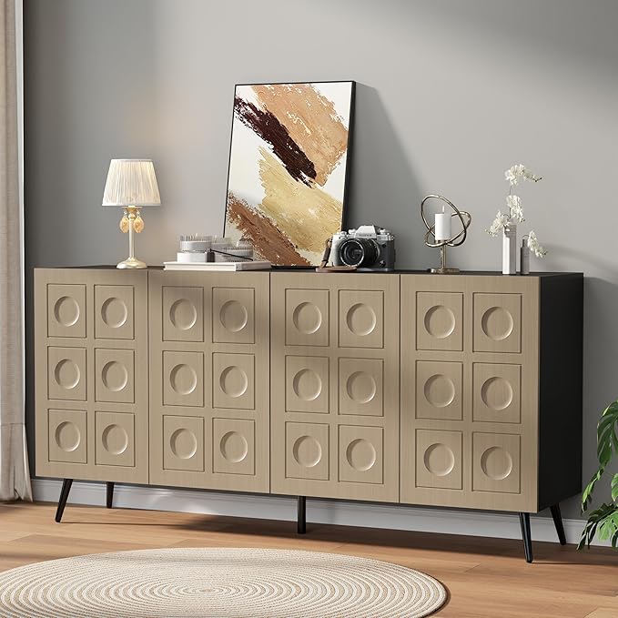 Sideboard Buffet Cabinet with Storage: 63" Black and Oak Credenza Storage Cabinet for Living Room, Mid Century Modern Console Table with 4 Doors, Fluted Long Accent Cabinets (Oak)