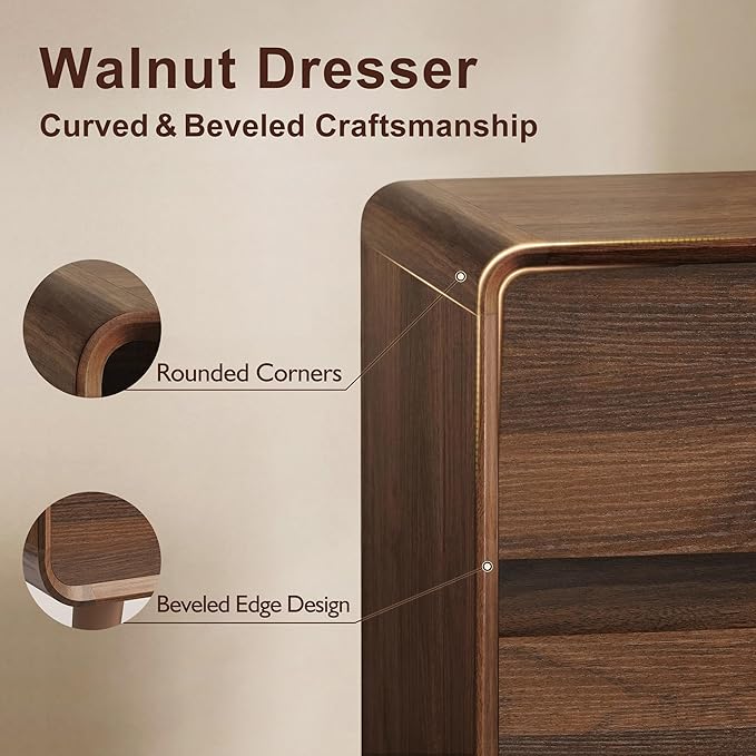 Mid Century Modern Dresser for Bedroom, 47'' Wide Dressers & Chests of Drawers with 6 Storage Drawers, Dark Walnut Dresser Wood TV Stand for Living Room, Closet