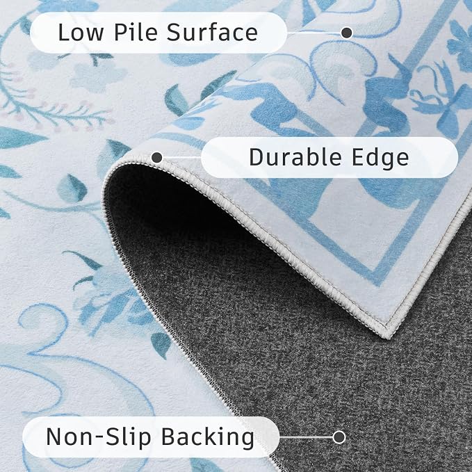 DCX Washable 5x7 Bow Rug, Blue Floral Rug for Girls’ Bedroom, Cute Soft Low Pile Indoor Décor Carpet, Kid & Pet Friendly Nursery Rug for Living Room, Dorm, Playroom