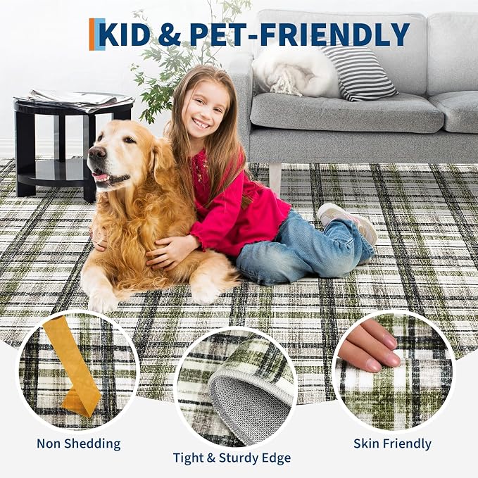 2x8 Runner Rug Bathroom Rugs Non Slip Machine Washable Hallway Rug Modern Soft Non-Shedding Kitchen Runners for Bathroom Bedroom Entryway Nursery, Green&Taupe