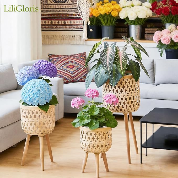 Boho rattan plant stand set of 2/3 – handwoven tall elevated wicker plant baskets for indoor plants, mid-century modern wooden planter holder with tripod legs,no-tool assembly，apartment gardening， farmhouse home decor, ideal gift for houseplant lovers