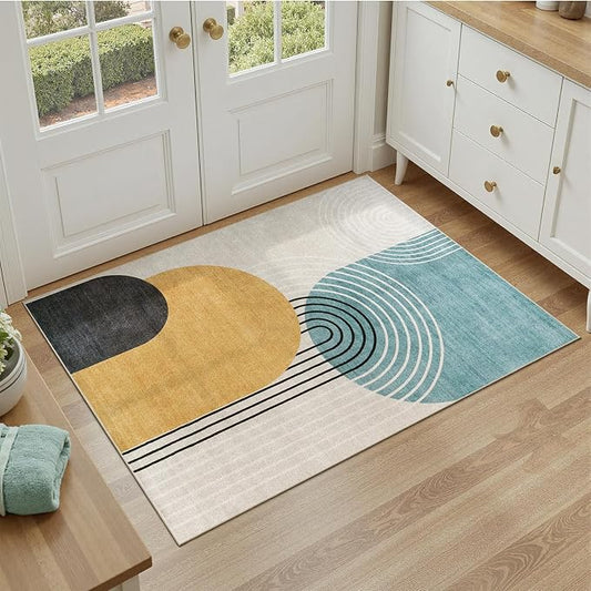 DCX 3x5 Area Rug, Machine Washable, Soft Mid Century Modern Rug Non Slip Stain Resistant for Entryway, Kitchen, Bedroom, Laundry, Bathroom, Blue & Yellow