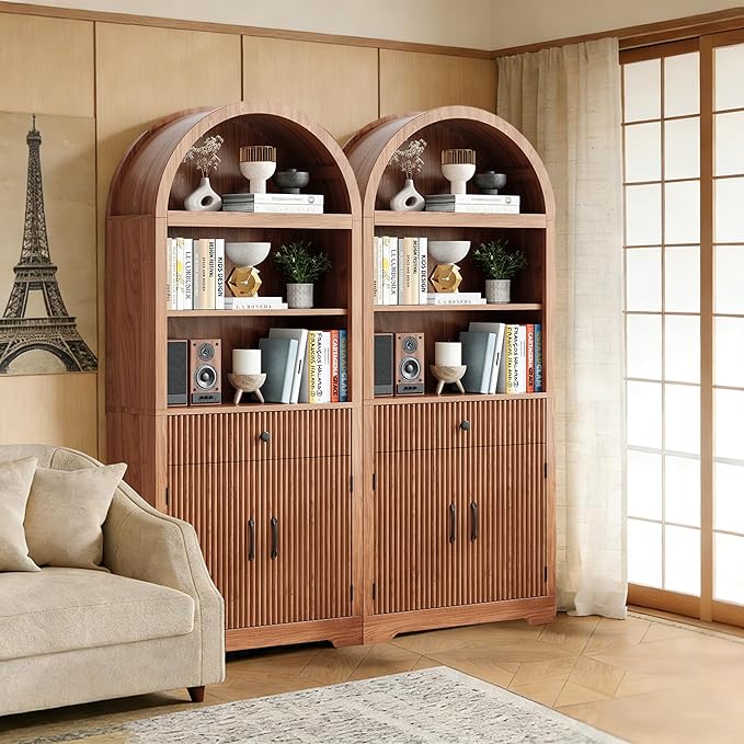 Farmhouse Arched Bookshelf, Mid-Century Modern 5-Tier Curved Cabinet with Door, Wooden Bathroom Storage Cabinet, Kitchen Pantry Cabinet for Living Room, Kitchen，Home Office, Walnut X2