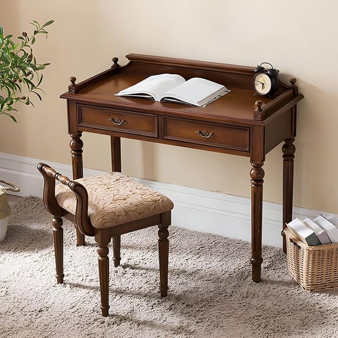 Mid-Century Home Office Desk with 2 Drawers,Vanity Dressing Table with Vanity Stool,Vanity Dressing Table with Storage for Bedroom Living Room(Brown)