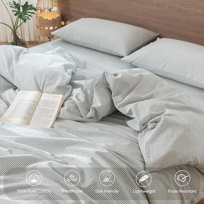 MooMee Striped Duvet Cover Set 100% Washed Cotton Linen Like Textured Breathable Durable Soft Comfy (Heathered Green Pinstripes, King 104"x90")