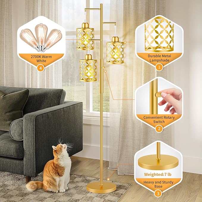 Dimmable Floor Lamp, Farmhouse Standing Lamp with Elegant Metal Cage, Industrial Tall Tree Floor Lamps for Living Room, Bedroom, Study Room, Office, 3 x 800LM LED Bulbs Included, 72", Gold