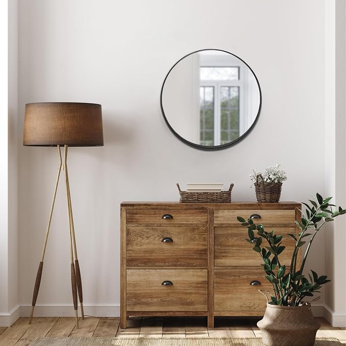 Design House 24-Inch Violette Wall Mirror – Round Mirror with Black Iron Metal Frame – Midcentury Modern Design for Entryway, Vanity, Living Room, Bathroom, 589879