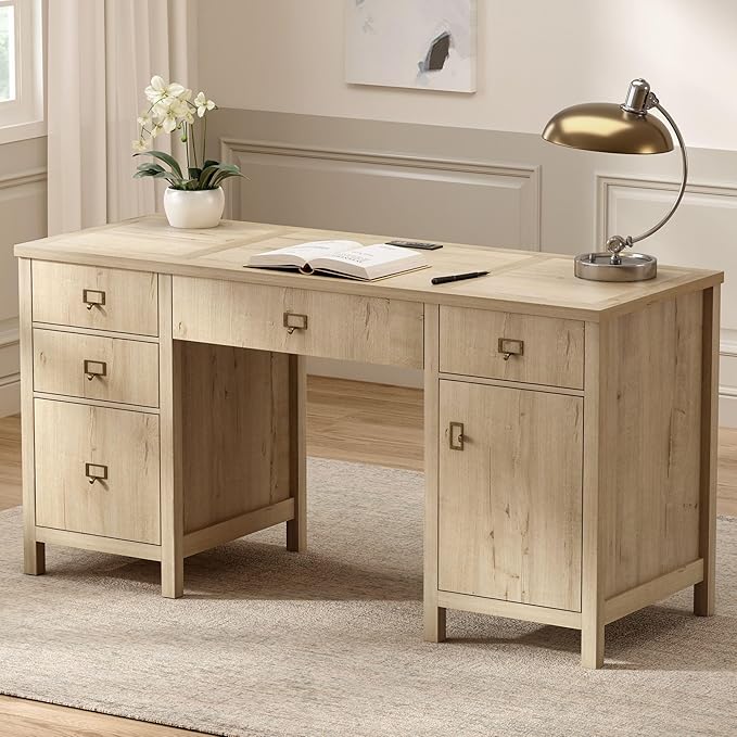 EYYTHUNG Modern Executive Desk with File Drawers Cabinet,59" Computer Desk with Charging Station, Keyboard Tray, Large Home Office Desk, Farmhouse Wood Desk for Study, Writing, Light Oak