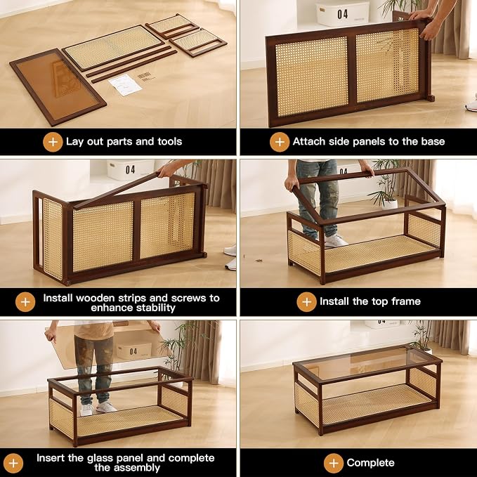 Welnow Rattan Coffee Table for Living Room, Modern 2-Tier Rectangle Center Table with Storage Shelf and Glass Top, Mid-Century Boho Furniture for Apartment, 47.5" Walnut