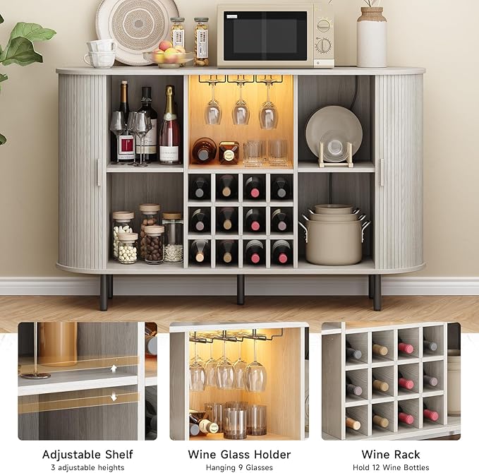 ONBRILL 55" Wine Bar Cabinet with Storage, Fluted Liquor Bar for Home, Coffee Bar Cabinet with Wine Rack and Glass Holder, Buffet Sideboard with LED Lights for Kitchen Living Dining Room Natural White