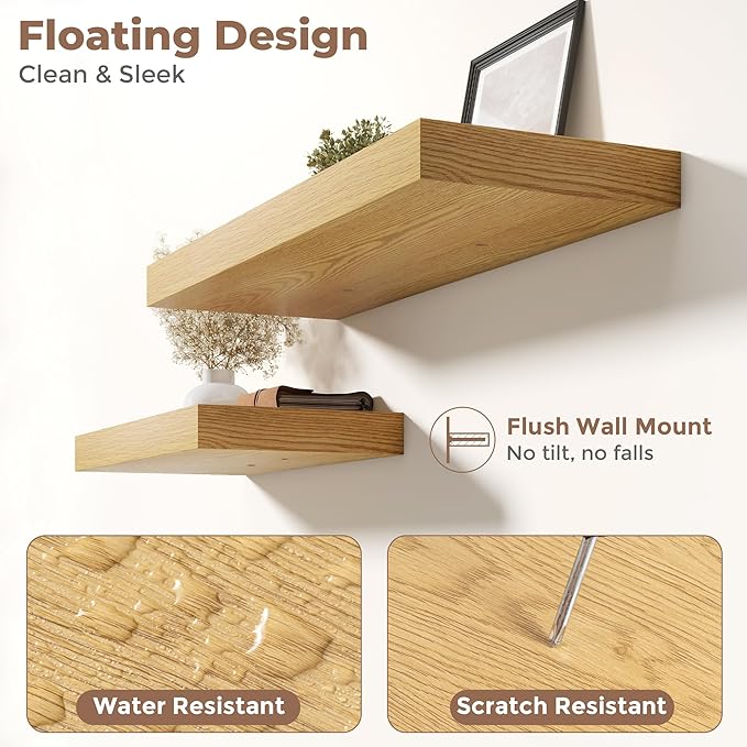Marsmiles 12" Deep Floating Shelves for Wall with Invisible Brackets, Wall Mounted Engineered Wood Shelves with Wood Grain for Living Room, Bedroom, Kitchen Decor and Storage, 55" L Set of 1, Oak