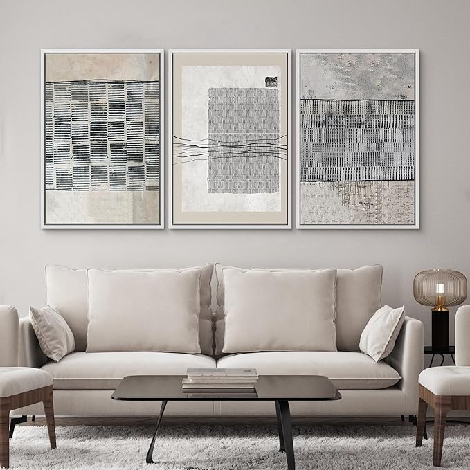 SIGNWIN Framed Canvas Print Wall Art Set Black Tan Industrial Line Art Pattern Abstract Shapes Cozy Neutral Decorative Contemporary Minimal for Living Room, Bedroom, Office - 24"x36"x3 White