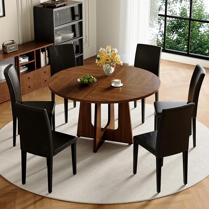 47" Round Dining Table Set for 6, Walnut Wood Grain Table and 6 Black PU Leather Upholstered Chairs Set, Mid Century Modern Kitchen Table Set with Cross Legs