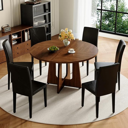 47" Round Dining Table Set for 6, Walnut Wood Grain Table and 6 Black PU Leather Upholstered Chairs Set, Mid Century Modern Kitchen Table Set with Cross Legs