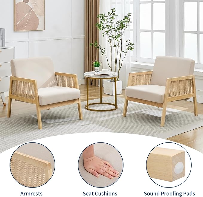 Mid Century Modern Accent Chair, Comfy Living Room Chairs with Sturdy Wood Legs, Rattan Backrest & Beige Thick Linen Cushion, Armchair for Bedroom Balcony Apartment (Beige-A) 2 PCS