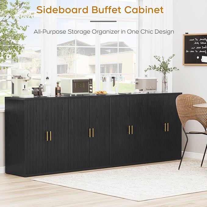Yechen 94.6" Black Fluted Sideboard Buffet Cabinet with Storage and 8 Doors, Mordern Credenza Storage Cabinet with Adjustable Shelves, Media Console Table, for Living Room Dinning Kitchen(2 PCS)
