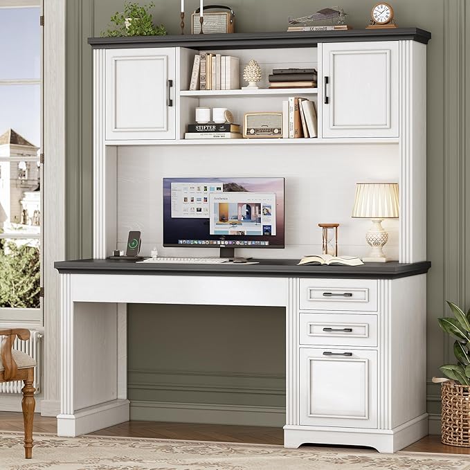 SEDETA Farmhouse Computer Desk with Hutch and 3 Drawers, 47.2" Executive Office Desk with Storage Drawers, Wood Desk with Power Outlet for Home Office, White