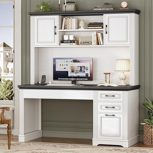 SEDETA Farmhouse Computer Desk with Hutch and 3 Drawers, 47.2" Executive Office Desk with Storage Drawers, Wood Desk with Power Outlet for Home Office, White