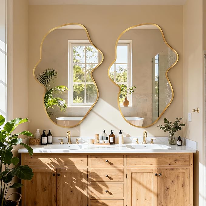 Irregular Wall Mirror, Gold Bathroom Wavy Abstract Mirror for Over Sink, Decorative Cloud-Shaped Wall Mirror, Stylish Shatter-Proof HD Mirror for Bedroom, Entryway (22"x36", S, 2 Pack)