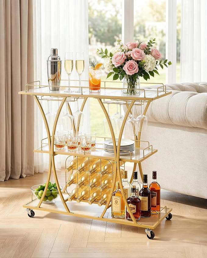 VEVOR Bar Cart, 3 Tiers Home Kitchen Serving Carts, Modern Rolling Utility Station on Wheels, Drink Beverage Trolley with Tempered Glass Shelves, Wine Rack, Glass Holder, for Living Dining Room, Gold