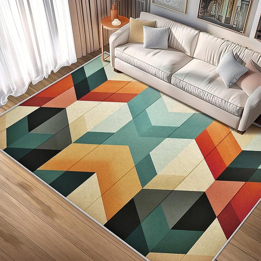 Geometric Rugs for Bedroom - Washable Mid Century Modern Rugs for Living Room - 7x7 ft - Abstract MCM Design Area Rug & Home Decor - Retro Indoor Carpet with Non Slip Backing