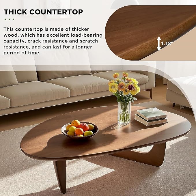Solid Wood Triangle Coffee Table,Unique Mid Century Modern Oval Coffee Table,Irregular Geometric Tea Tables for Home Living Room with Wooden Tabletop and Reinforced Legs Walnut 35" L x 24" W x 16" H