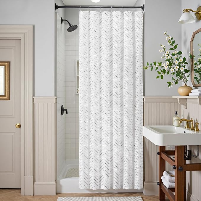 jinchan Small Stall Grey and White Shower Curtain 36x72 Inches Inky Herringbone Chevron Zig Zag Waterproof Fabric Modern Farmhouse Shower Curtains for Bathroom with 7 Hooks