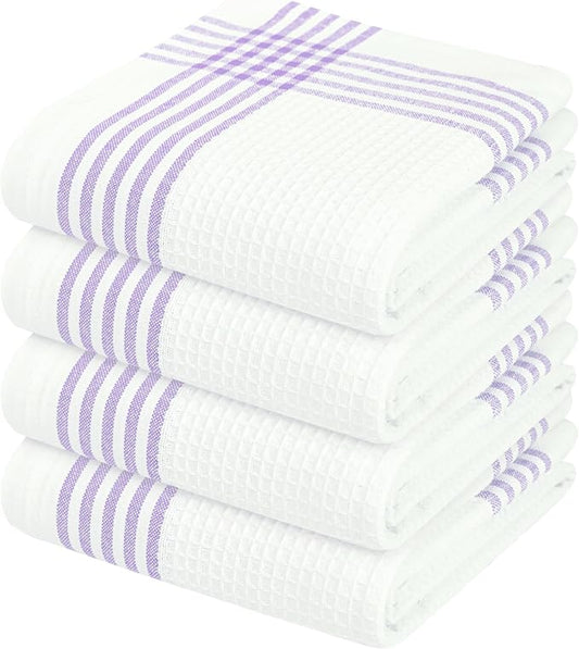 Waffle White & Lavender Kitchen Dish Towels 4 Pack, 100% Cotton, 16"x26", Thick Hand Towel for Drying Dishes, Quick Dry Washcloths, Perfect for Bar, Cooking, Serving, Cleaning