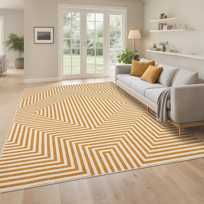 8x10 Washable Large Rug for Living Room Neutral Modern Geometric Lines Rugs for Dining Kids Room Playroom Low Pile Soft Bedroom Carpet Thin Foldable Modern Abstract Rug, Orange Yellow