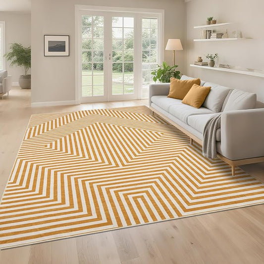 8x10 Washable Large Rug for Living Room Neutral Modern Geometric Lines Rugs for Dining Kids Room Playroom Low Pile Soft Bedroom Carpet Thin Foldable Modern Abstract Rug, Orange Yellow