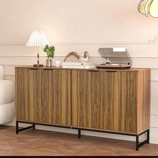 Fluted Accent Storage Cabinet, Kitchen Sideboard Buffet with 4 Fluted Doors, Adjustable Shelves for Living Room, Dining Room, Hallway (Walnut)